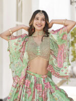 Green Color Chinon Silk Fabric Digital Print Embroidery Work Lehenga