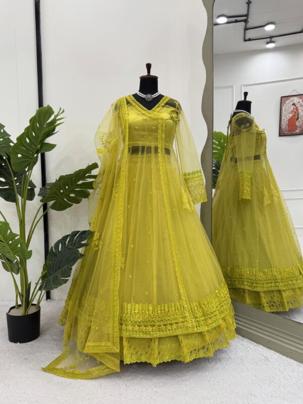 Lemon Yellow Butterfly Net Fabric Kediya Style Shrug Top Lehenga Set