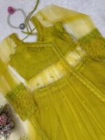 Lemon Yellow Butterfly Net Fabric Kediya Style Shrug Top Lehenga Set
