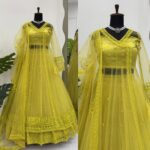 Lemon Yellow Butterfly Net Fabric Kediya Style Shrug Top Lehenga Set