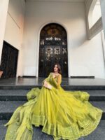 Lemon Yellow Butterfly Net Fabric Kediya Style Shrug Top Lehenga Set