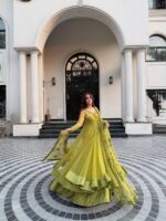Lemon Yellow Butterfly Net Fabric Kediya Style Shrug Top Lehenga Set