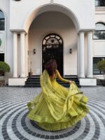 Lemon Yellow Butterfly Net Fabric Kediya Style Shrug Top Lehenga Set