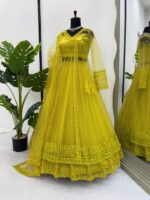 Lemon Yellow Butterfly Net Fabric Kediya Style Shrug Top Lehenga Set