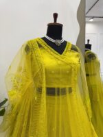 Lemon Yellow Butterfly Net Fabric Kediya Style Shrug Top Lehenga Set