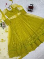 Lemon Yellow Butterfly Net Fabric Kediya Style Shrug Top Lehenga Set