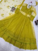 Lemon Yellow Butterfly Net Fabric Kediya Style Shrug Top Lehenga Set