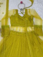 Lemon Yellow Butterfly Net Fabric Kediya Style Shrug Top Lehenga Set