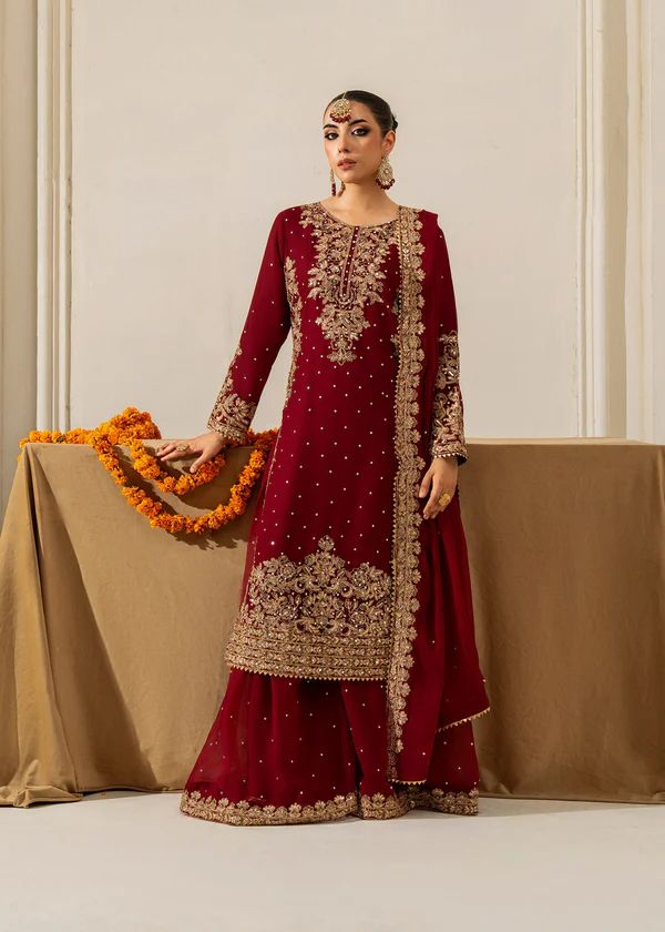 Maroon Faux Georgette Fabric Palazzo Set With Pearl Work