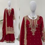 Maroon Faux Georgette Fabric Palazzo Set With Pearl Work
