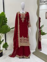 Maroon Faux Georgette Fabric Palazzo Set With Pearl Work