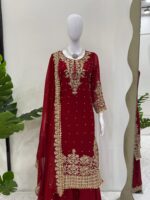 Maroon Faux Georgette Fabric Palazzo Set With Pearl Work