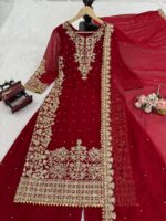 Maroon Faux Georgette Fabric Palazzo Set With Pearl Work