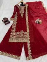 Maroon Faux Georgette Fabric Palazzo Set With Pearl Work