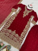 Maroon Faux Georgette Fabric Palazzo Set With Pearl Work