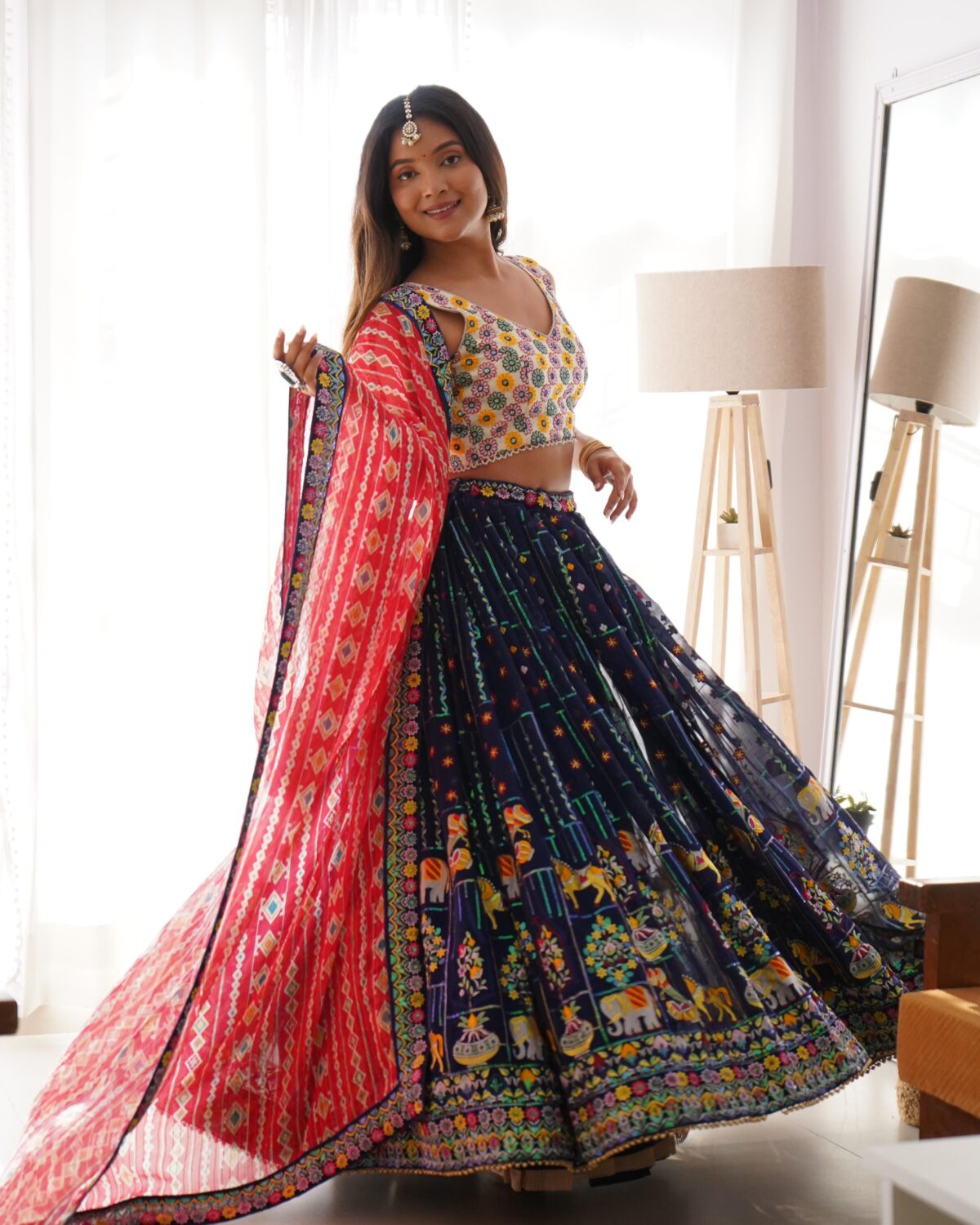 Multi Color Faux Georgette Fabric Thread With Sequence Work Lehenga