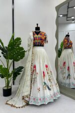 Navratri Special White Color Rayon Fabric Digital Print Work Lehenga