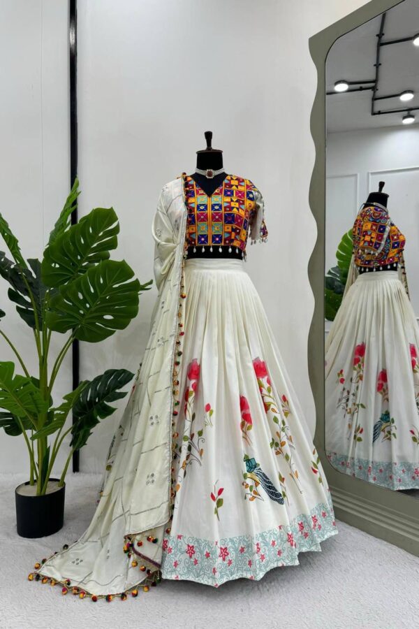 Navratri Special White Color Rayon Fabric Digital Print Work Lehenga