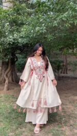 Off White Color Rayon Fabric Peplum Style Top Suit