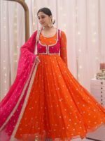 Orange Color Faux Georgette Fabric With Koti Style Suit