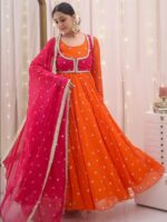 Orange Color Faux Georgette Fabric With Koti Style Suit