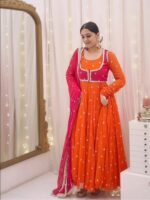 Orange Color Faux Georgette Fabric With Koti Style Suit