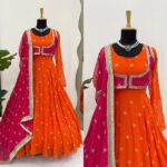 Orange Color Faux Georgette Fabric With Koti Style Suit