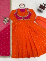 Orange Color Faux Georgette Fabric With Koti Style Suit