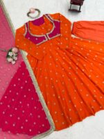 Orange Color Faux Georgette Fabric With Koti Style Suit
