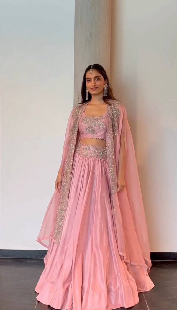 Peach Color Chinon Fabric Thread With Sequence Work Lehenga