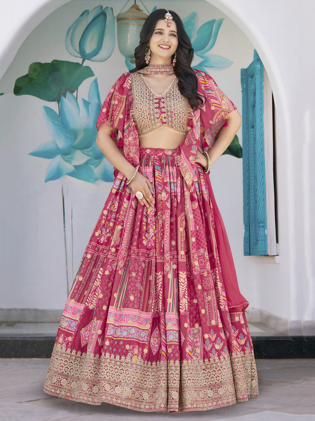 Pink Color Chinon Silk Fabric Digital Print Embroidery Work Lehenga