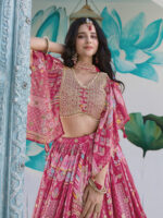 Pink Color Chinon Silk Fabric Digital Print Embroidery Work Lehenga