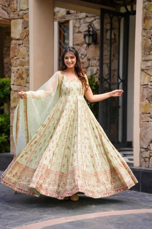 Pista Color Faux Georgette Fabric Thread With Sequence Work Suit