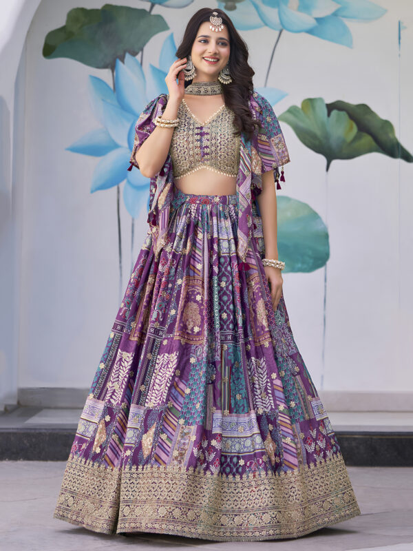Purple Color Chinon Silk Fabric Digital Print Embroidery Work Lehenga