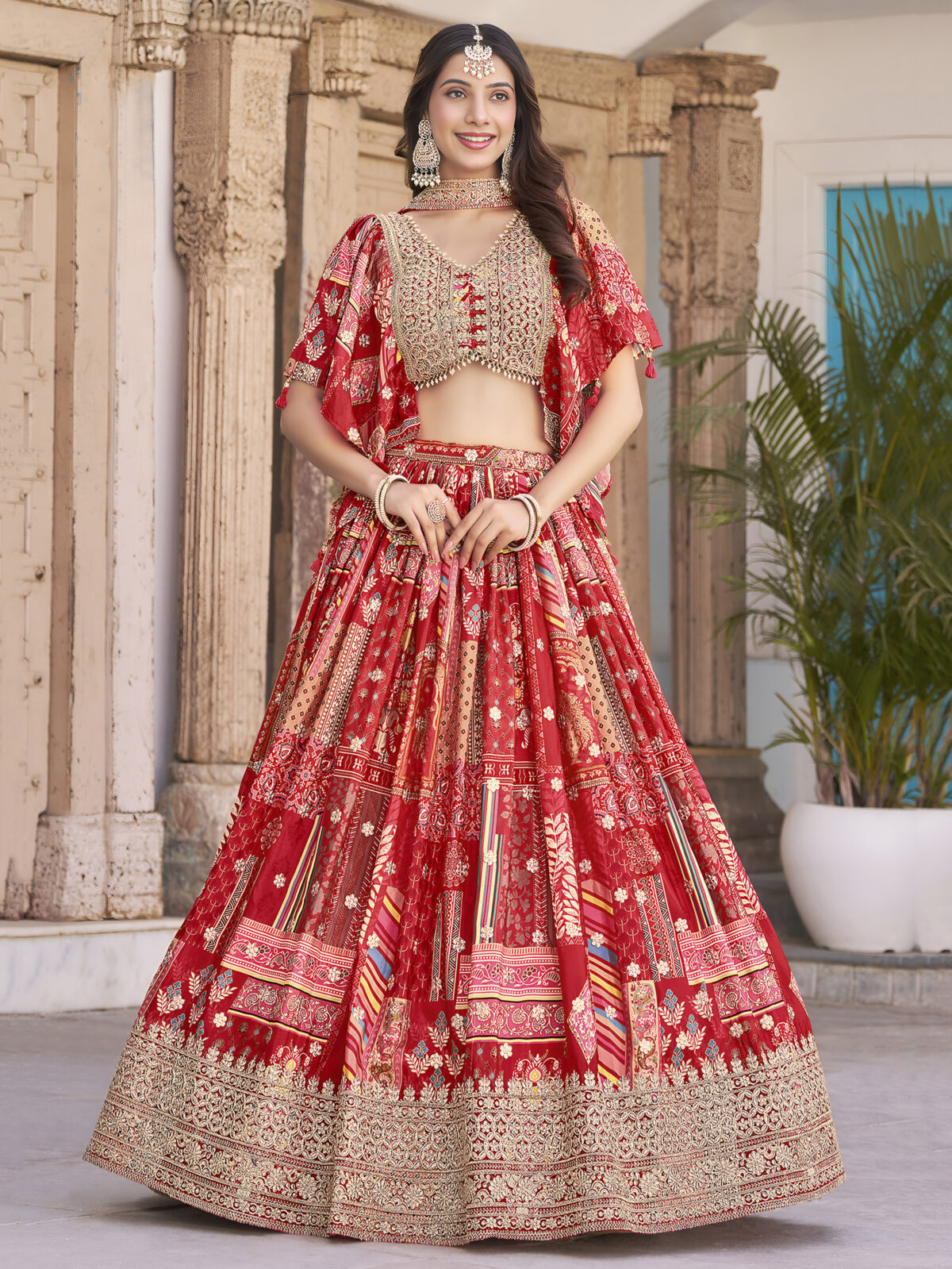 Red Color Chinon Silk Fabric Digital Print Embroidery Work Lehenga