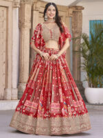 Red Color Chinon Silk Fabric Digital Print Embroidery Work Lehenga