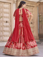 Red Color Chinon Silk Fabric Digital Print Embroidery Work Lehenga