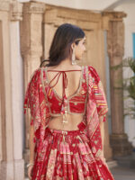 Red Color Chinon Silk Fabric Digital Print Embroidery Work Lehenga