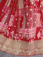 Red Color Chinon Silk Fabric Digital Print Embroidery Work Lehenga