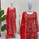 Red Color Faux Georgette Fabric Suit