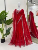 Red Color Faux Georgette Fabric With Pearl Work Saree
