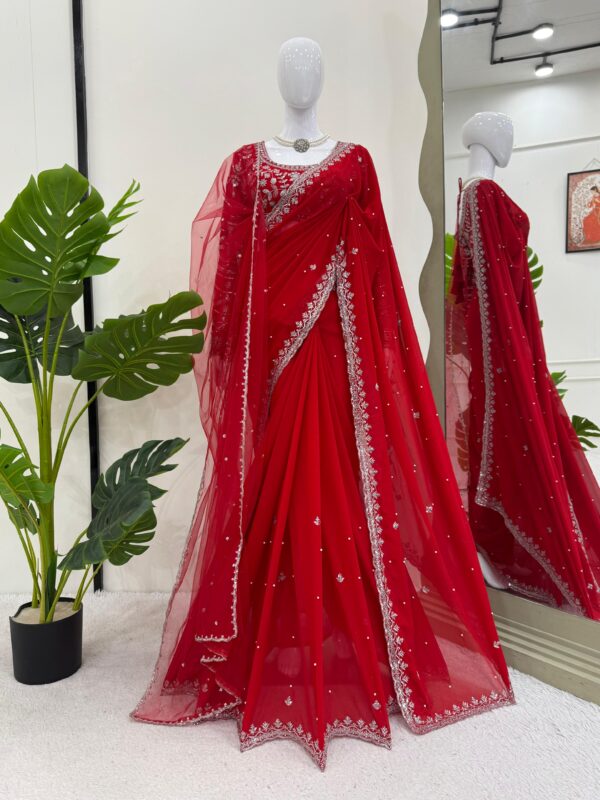 Red Color Faux Georgette Fabric With Pearl Work Saree