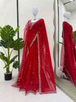 Red Color Faux Georgette Fabric With Pearl Work Saree