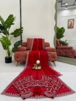 Red Color Faux Georgette Fabric With Pearl Work Saree