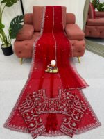 Red Color Faux Georgette Fabric With Pearl Work Saree