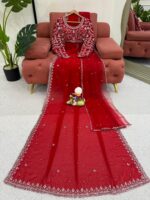 Red Color Faux Georgette Fabric With Pearl Work Saree