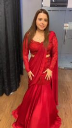 Red Color Satin Silk Fabric Ready To Wear Lehenga Saree
