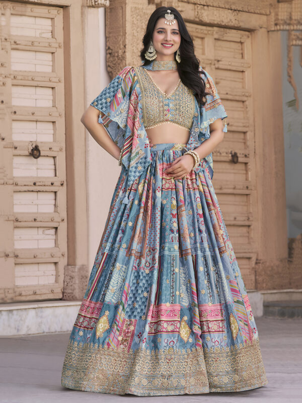 Sky Color Chinon Silk Fabric Digital Print Embroidery Work Lehenga