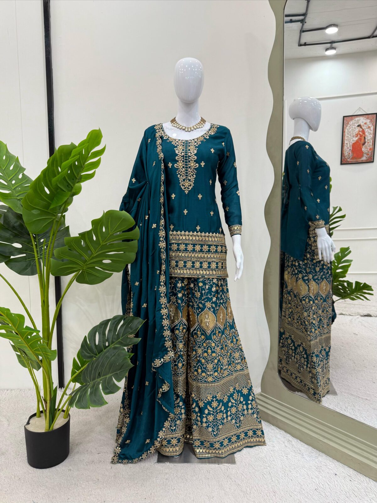 Teal Blue Color Chinon Silk Fabric Palazzo Suit