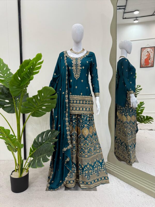 Teal Blue Color Chinon Silk Fabric Palazzo Suit